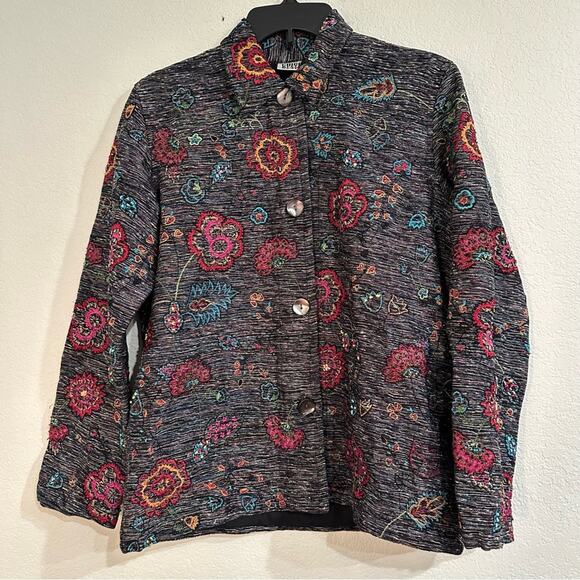 Vintage Chicos, Embroidered Beaded Floral Slub Jacket Large Silk Flowers SMALL - Picture 1 of 7